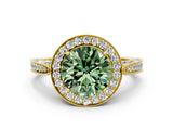 Yellow gold Fancy Green Round Cut Halo Diamond Engagement Ring with Split Shank Band and Four-Prong Setting