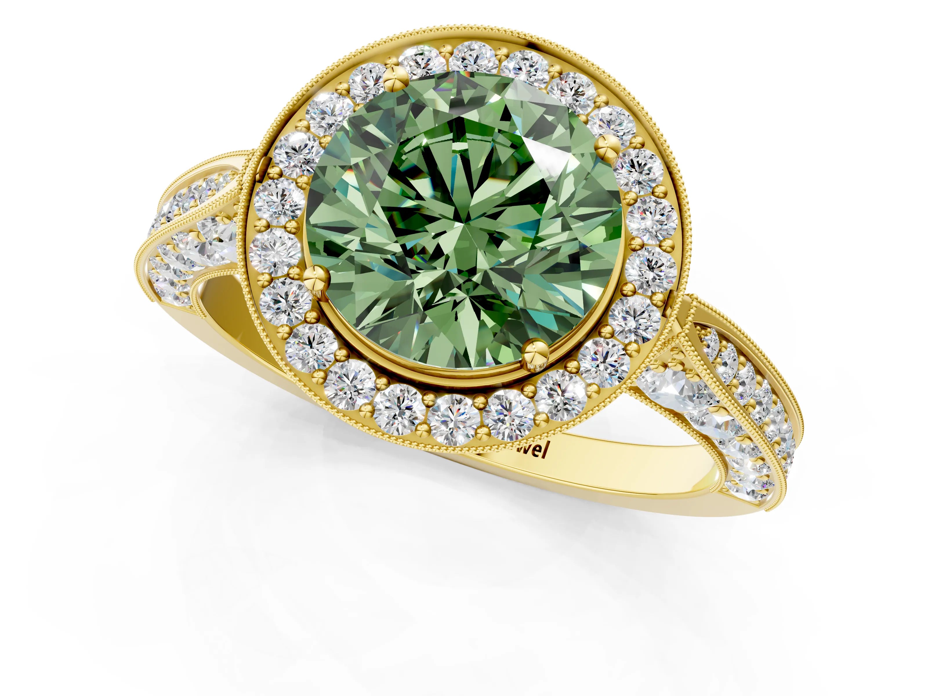 Yellow gold Fancy Green Round Cut Halo Diamond Engagement Ring with Split Shank Band and Four-Prong Setting_1