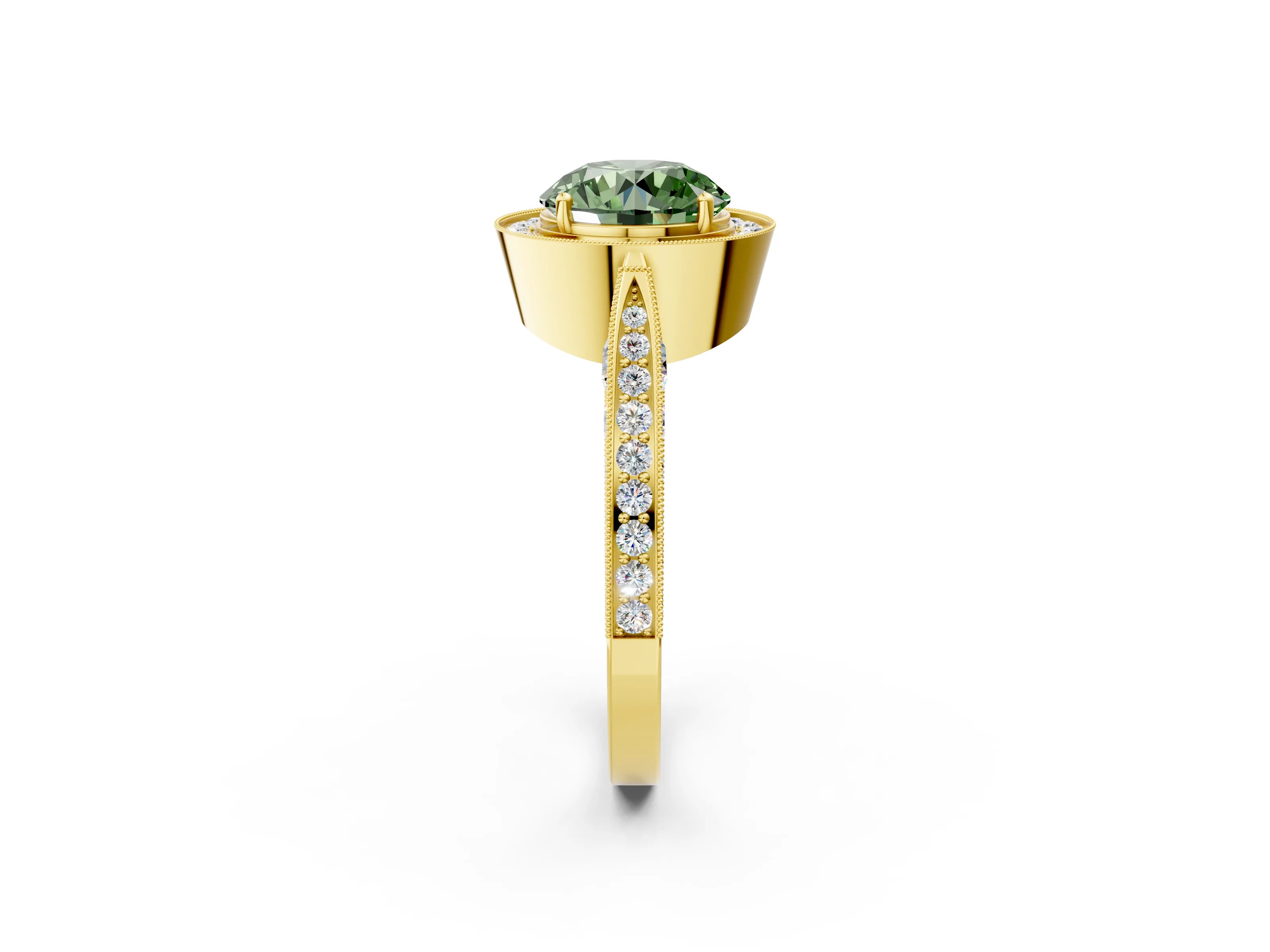 Yellow gold Fancy Green Round Cut Halo Diamond Engagement Ring with Split Shank Band and Four-Prong Setting_2