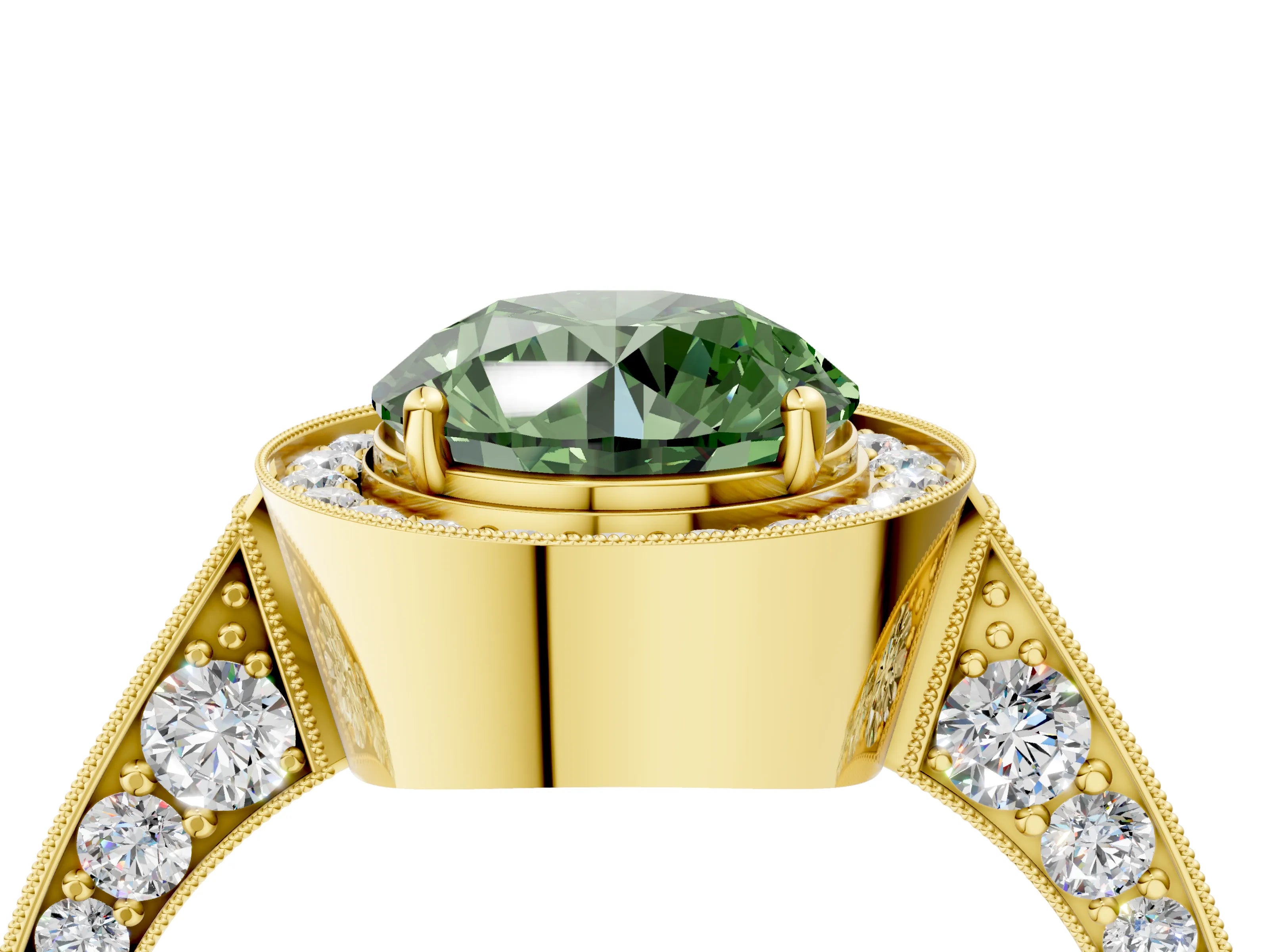 Yellow gold Fancy Green Round Cut Halo Diamond Engagement Ring with Split Shank Band and Four-Prong Setting_4