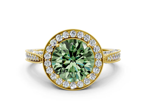 Yellow gold Fancy Green Round Cut Halo Diamond Engagement Ring with Split Shank Band and Four-Prong Setting