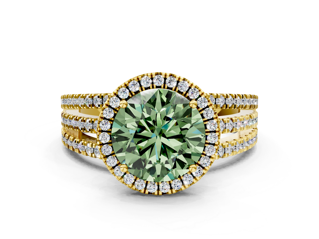 Yellow gold Fancy Green Round  Cut Halo Diamond Engagement Ring with Split Shank and Four-Prong Setting_20