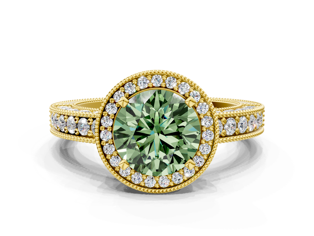 Yellow gold Fancy Green Round  Cut Halo Diamond Pave Band Ring with Four-Prong Setting_25