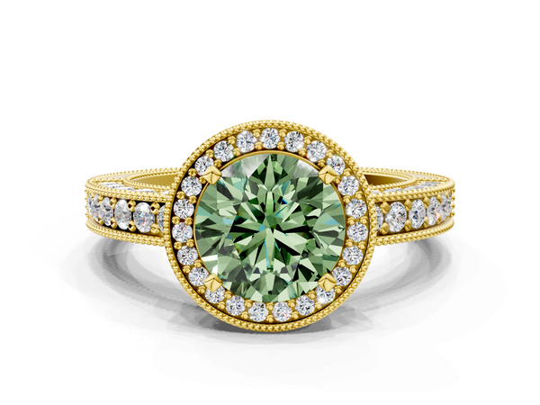 Yellow gold Fancy Green Round  Cut Halo Diamond Pave Band Ring with Four-Prong Setting