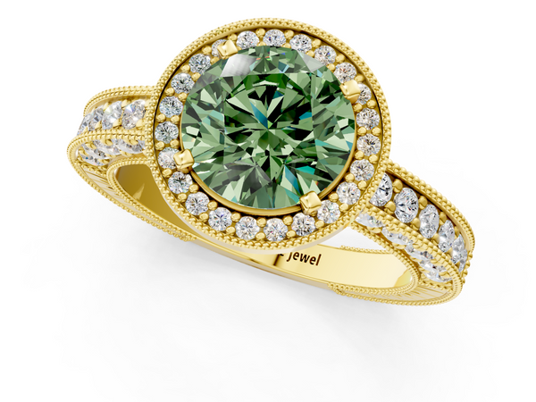 Yellow gold Fancy Green Round  Cut Halo Diamond Pave Band Ring with Four-Prong Setting