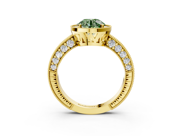 Yellow gold Fancy Green Round  Cut Halo Diamond Pave Band Ring with Four-Prong Setting
