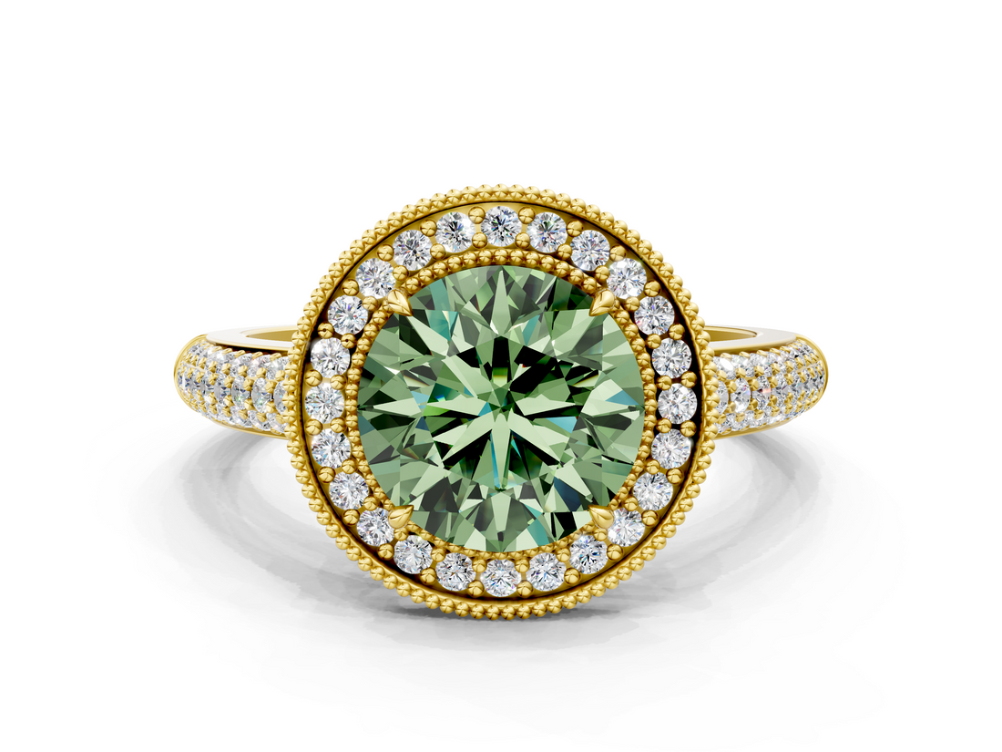 Yellow gold Fancy Green Round  Cut Halo Diamond Pave Band with Four-Prong Setting_37
