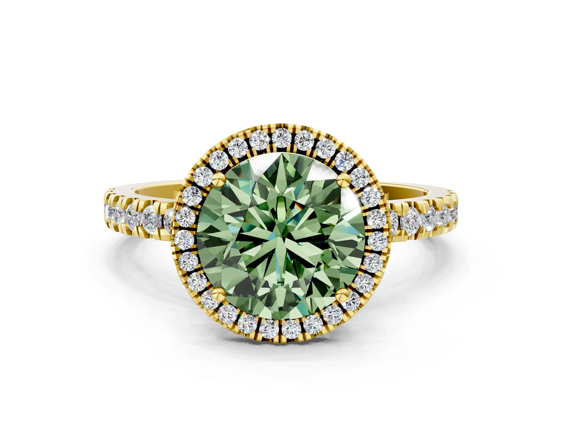Yellow gold Fancy Green Round Cut Halo Diamond Pave Band with Prong Setting