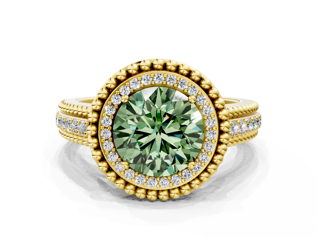 Yellow gold Fancy Green Round Cut Halo Diamond Ring with Beaded Split Shank and Four-Prong Setting