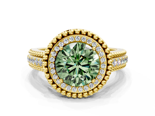 Yellow Gold Round Beaded Halo Engagement Ring Setting for Fancy Green Center with Pave