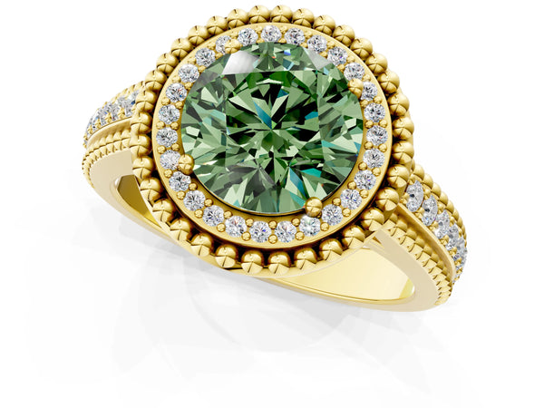 Yellow Gold Round Beaded Halo Engagement Ring Setting for Fancy Green Center with Pave