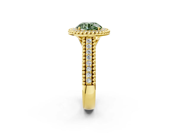 Yellow Gold Round Beaded Halo Engagement Ring Setting for Fancy Green Center with Pave