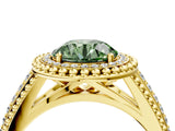 Yellow gold Fancy Green Round Cut Halo Diamond Ring with Beaded Split Shank and Four-Prong Setting_4