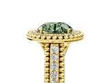 Yellow gold Fancy Green Round Cut Halo Diamond Ring with Beaded Split Shank and Four-Prong Setting_5