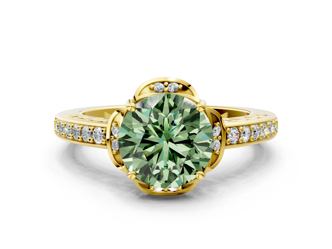 Yellow gold Fancy Green Round  Cut Halo Diamond Ring with Channel Set Band and Four-Prong Setting_32