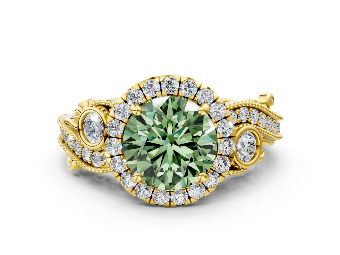 Yellow gold Fancy Green Round Cut Halo Diamond Ring with Milgrain and Bezel Accents on a Split Shank Band_12