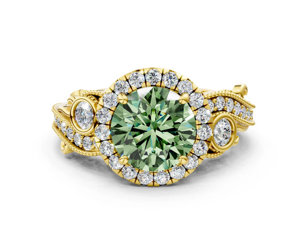 Yellow gold Fancy Green Round Cut Halo Diamond Ring with Milgrain and Bezel Accents on a Split Shank Band