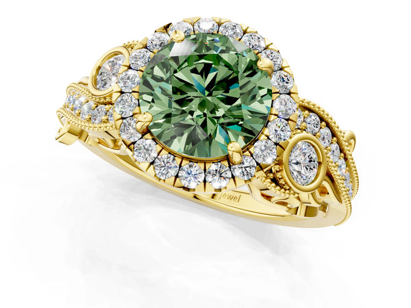 Yellow gold Fancy Green Round Cut Halo Diamond Ring with Milgrain and Bezel Accents on a Split Shank Band
