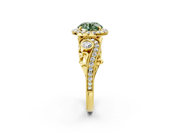 Yellow gold Fancy Green Round Cut Halo Diamond Ring with Milgrain and Bezel Accents on a Split Shank Band