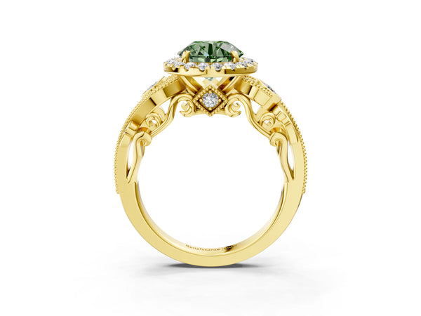 Yellow gold Fancy Green Round Cut Halo Diamond Ring with Milgrain and Bezel Accents on a Split Shank Band