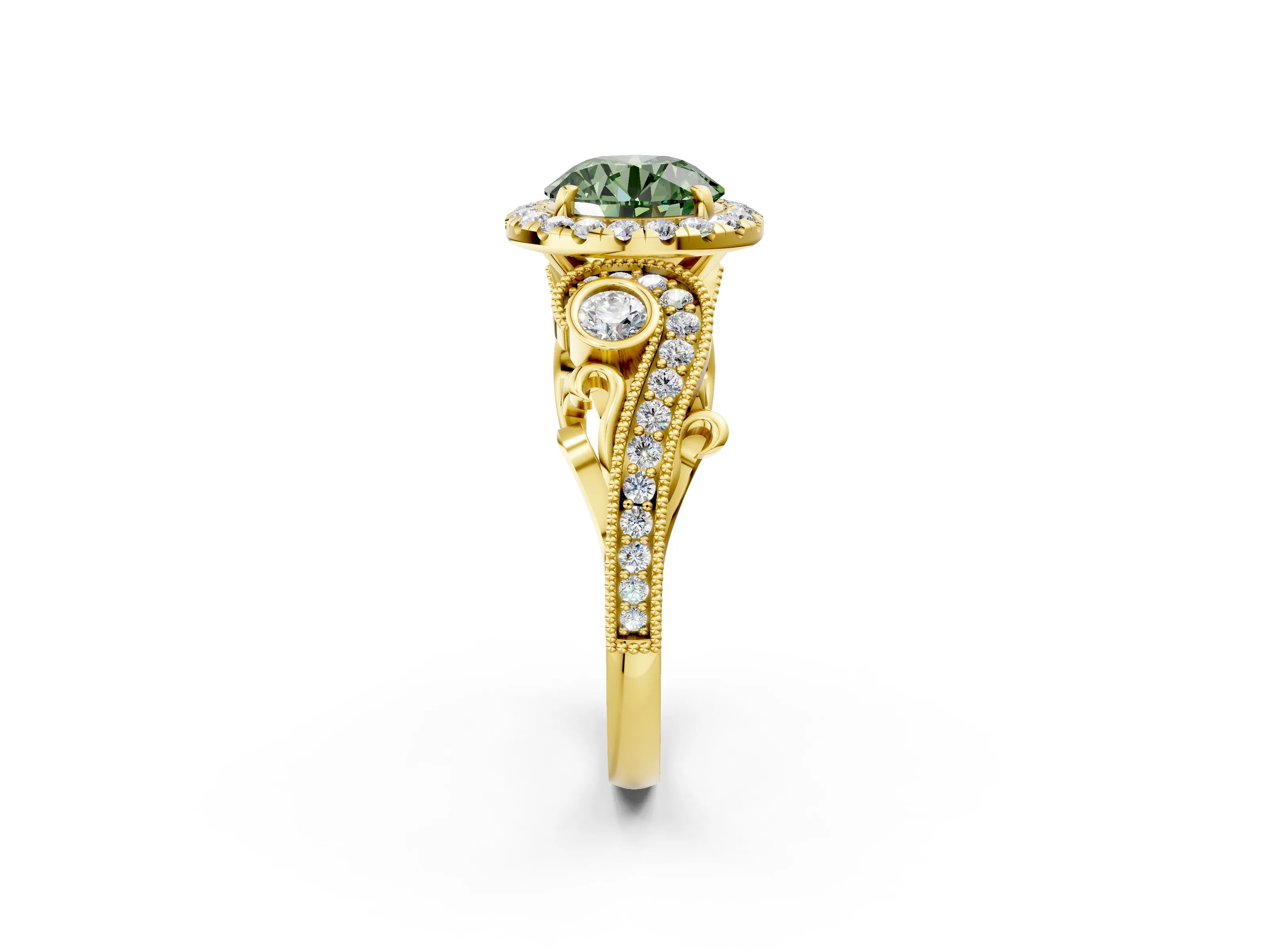 Yellow gold Fancy Green Round Cut Halo Diamond Ring with Milgrain and Bezel Accents on a Split Shank Band_2