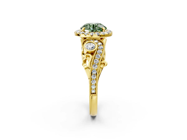 Yellow gold Fancy Green Round Cut Halo Diamond Ring with Milgrain and Bezel Accents on a Split Shank Band