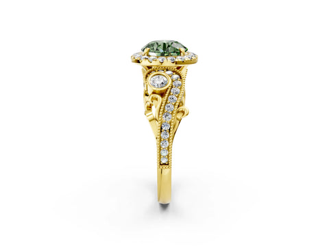 Yellow gold Fancy Green Round Cut Halo Diamond Ring with Milgrain and Bezel Accents on a Split Shank Band_2