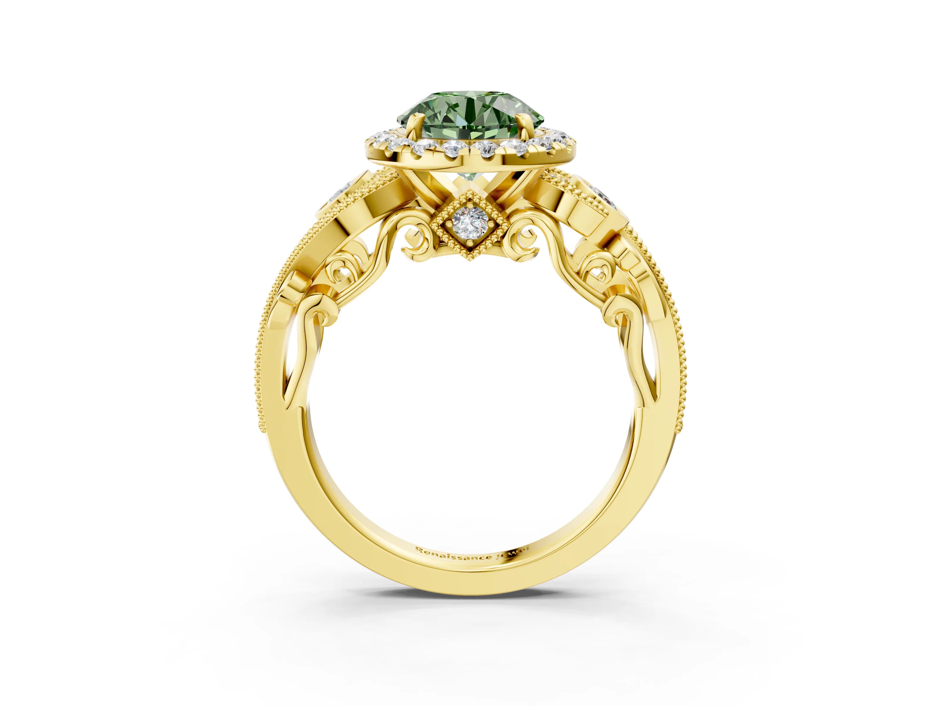 Yellow gold Fancy Green Round Cut Halo Diamond Ring with Milgrain and Bezel Accents on a Split Shank Band_3