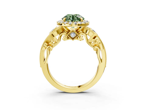 Yellow gold Fancy Green Round Cut Halo Diamond Ring with Milgrain and Bezel Accents on a Split Shank Band_3