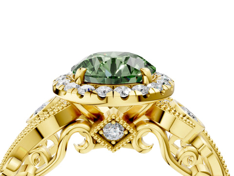 Yellow gold Fancy Green Round Cut Halo Diamond Ring with Milgrain and Bezel Accents on a Split Shank Band_4