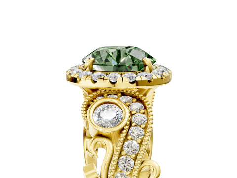 Yellow gold Fancy Green Round Cut Halo Diamond Ring with Milgrain and Bezel Accents on a Split Shank Band_5