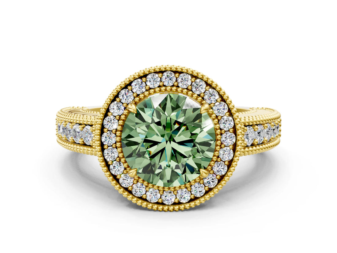 Yellow gold Fancy Green Round  Cut Halo Diamond Ring with Pavé Band and Four-Prong Setting_67