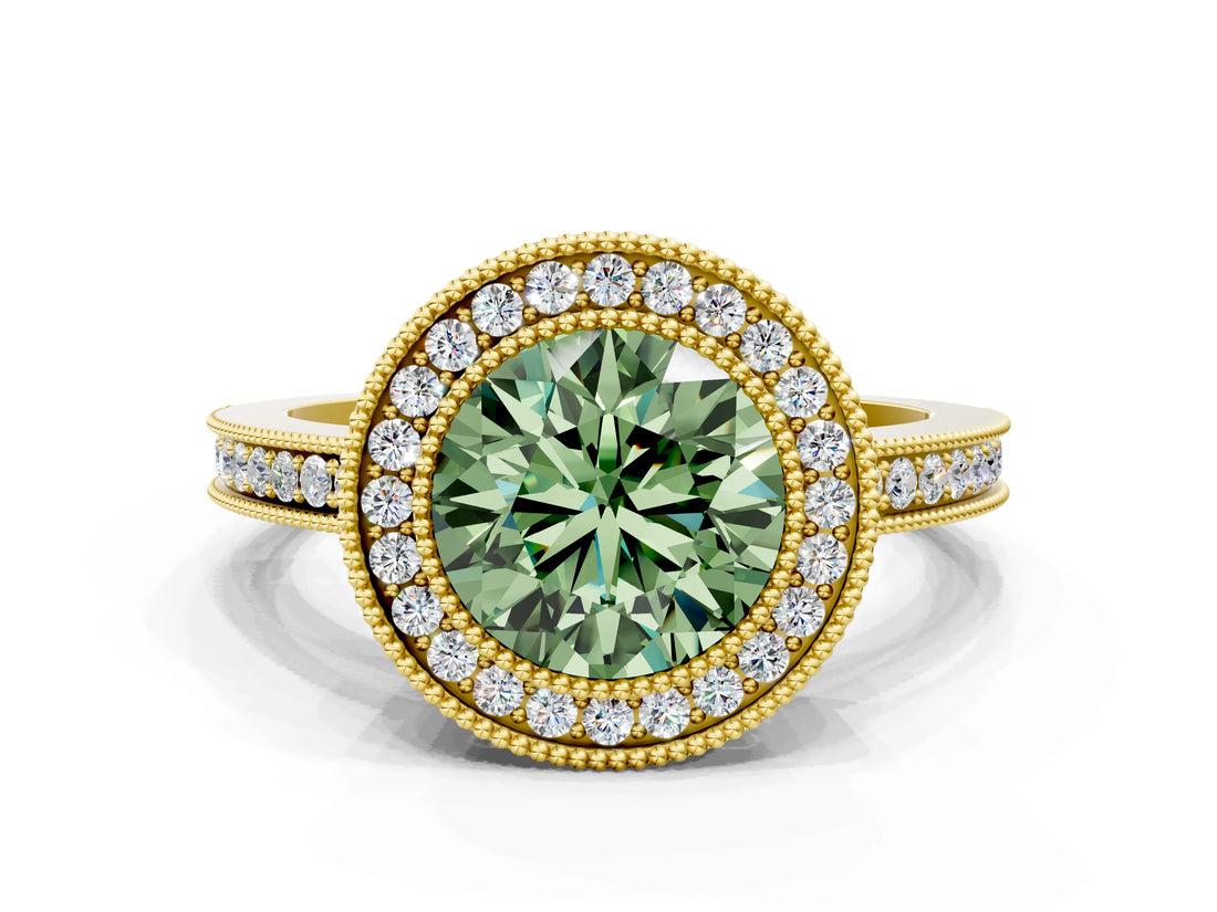 Yellow gold Fancy Green Round  Cut Halo Diamond Ring with Pavé Band and Milgrain Prong Setting_32
