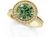 Yellow gold Fancy Green Round  Cut Halo Diamond Ring with Pavé Band and Milgrain Prong Setting_33