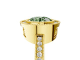 Yellow gold Fancy Green Round  Cut Halo Diamond Ring with Pavé Band and Milgrain Prong Setting_37