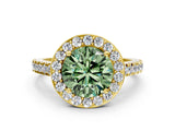 Yellow gold Fancy Green Round Cut Halo Diamond Ring with Pavé Band and Three-Prong Setting