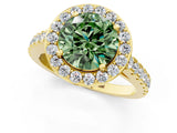 Yellow gold Fancy Green Round Cut Halo Diamond Ring with Pavé Band and Three-Prong Setting_1