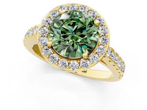 Yellow gold Fancy Green Round Cut Halo Diamond Ring with Pavé Band and Three-Prong Setting_1