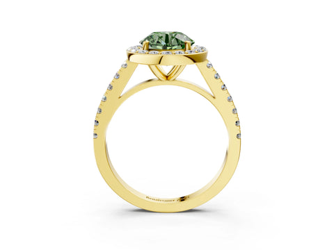 Yellow gold Fancy Green Round Cut Halo Diamond Ring with Pavé Band and Three-Prong Setting_3