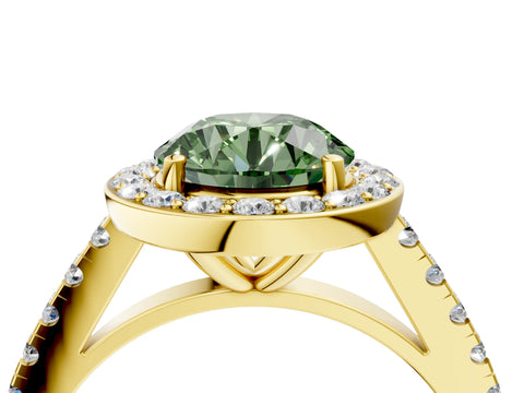 Yellow gold Fancy Green Round Cut Halo Diamond Ring with Pavé Band and Three-Prong Setting_4