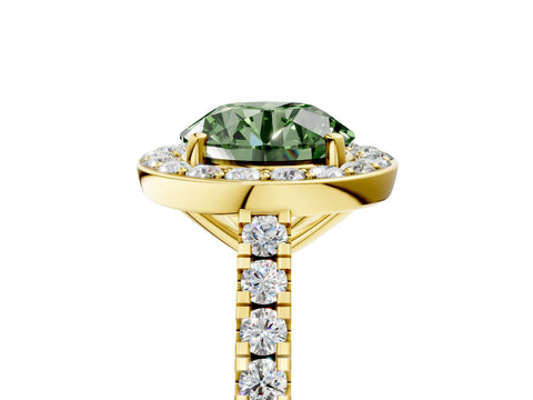 Yellow gold Fancy Green Round Cut Halo Diamond Ring with Pavé Band and Three-Prong Setting_5