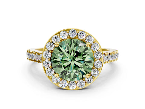 Yellow gold Fancy Green Round Cut Halo Diamond Ring with Pavé Band and Three-Prong Setting