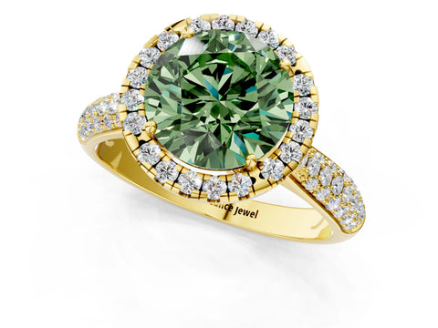 Yellow gold Fancy Green Round Cut Halo Diamond Ring with Pavé Band_1