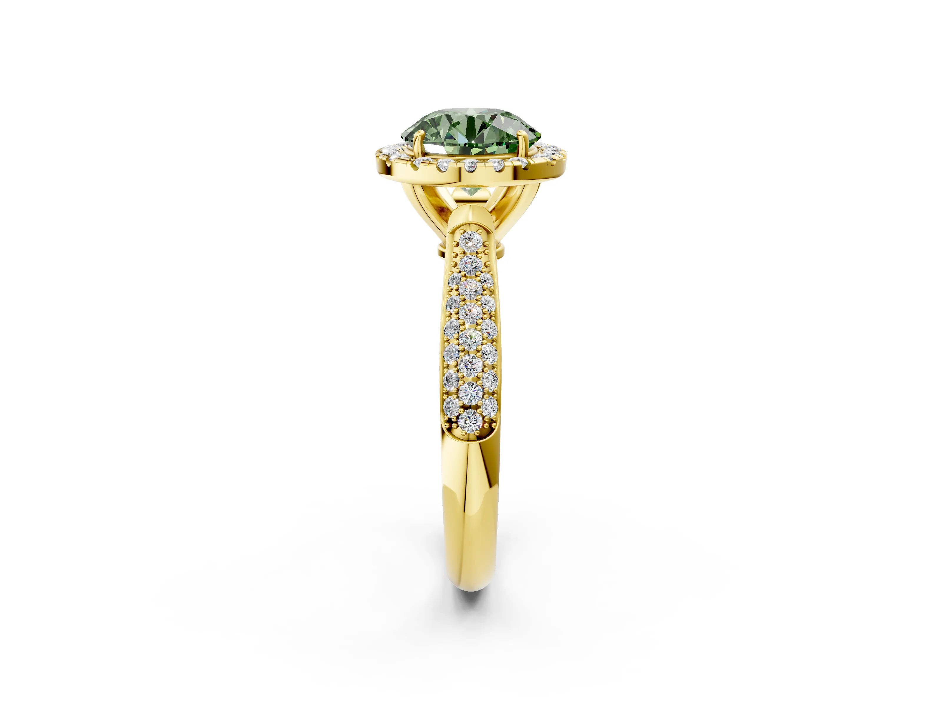 Yellow gold Fancy Green Round Cut Halo Diamond Ring with Pavé Band_2