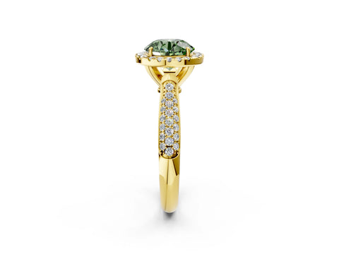 Yellow gold Fancy Green Round Cut Halo Diamond Ring with Pavé Band_2