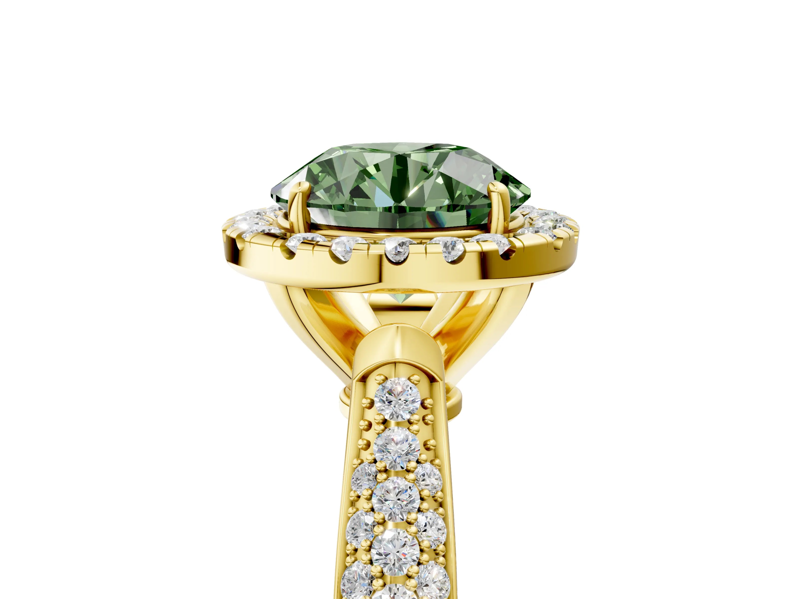 Yellow gold Fancy Green Round Cut Halo Diamond Ring with Pavé Band_5