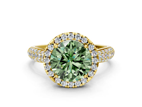 Yellow gold Fancy Green Round Cut Halo Diamond Ring with Pavé Band