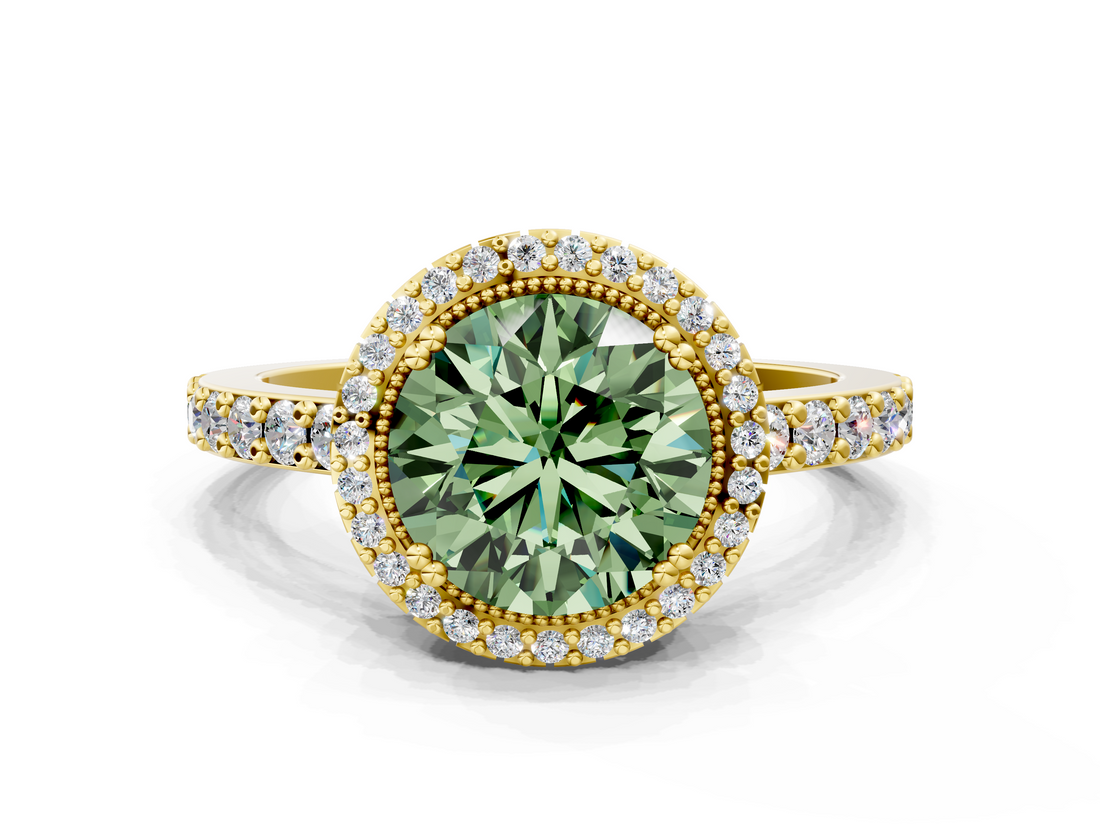 Yellow gold Fancy Green Round  Cut Halo Diamond Ring with Pave Band and Four-Prong Setting_24