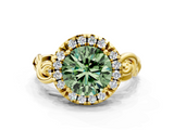 Yellow gold Fancy Green Round  Cut Halo Diamond Ring with Scrollwork Band and Four-Prong Setting_46