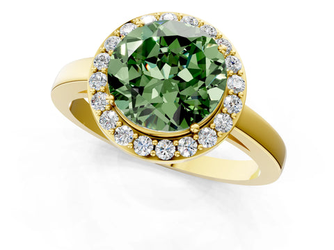 Yellow gold Fancy Green Round Cut Halo Diamond Ring with Solitaire Band and Prong Setting_1